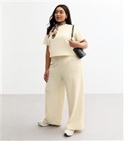 Women's Plus Size Cream Textured Button Detail Wide Leg Trousers Curves New Look