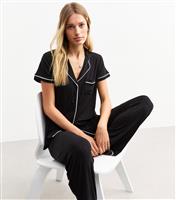 Women's Black Piped Trim Jersey Pyjama Set New Look