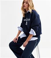 Women's Navy Contrast Piping Wide Leg Jersey Joggers New Look