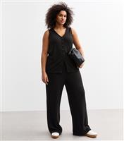Women's Plus Size Black Ribbed Wide Leg Trousers Curves New Look