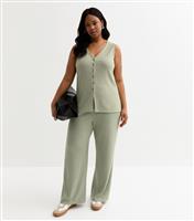 Women's Plus Size Light Khaki Ribbed Wide Leg Trousers Curves New Look