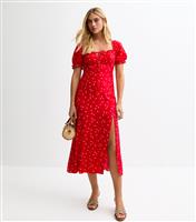 Women's Red Polka Dot Milkmaid Midi Dress New Look