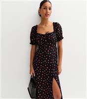 Women's Black Berry Print Slit Hem Milkmaid Midi Dress New Look