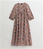 Women's Pink Tile Print Tie Neck Midi Dress New Look