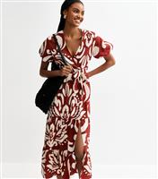 Women's Tall Red Floral Print Crinkle Texture Tiered Wrap Midi Dress New Look