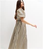 Women's Cream Striped Puffed Sleeve Midi Dress New Look