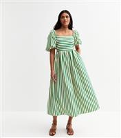 Women's Green Striped Puffed Sleeve Midi Dress New Look