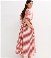 Women's Red Striped Woven Puff Sleeve Milkmaid Midi Dress New Look