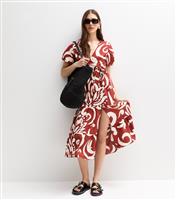 Women's Red Abstract Print Wrap Midi Dress New Look