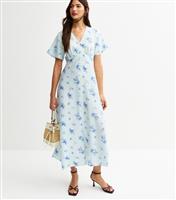 Women's Blue Rose Print Button Through Midi Tea Dress New Look