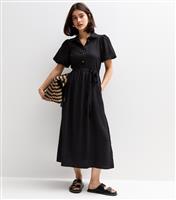 Women's Black Crinkle Textured Puff Sleeve Belted Midi Dress New Look