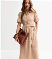 Women's Camel Crinkle Textured Puff Sleeve Belted Midi Dress New Look