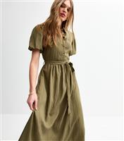 Women's Khaki Crinkle Textured Puff Sleeve Belted Midi Dress New Look