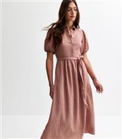 Women's Pink Crinkle Textured Puff Sleeve Belted Midi Dress New Look