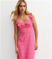Women's Pink Polka Dot Ruffle Trimmed Midi Dress New Look