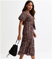 Women's Petite Brown Leopard Print Wrap Style Midi Dress New Look