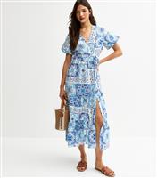 Women's Blue Tile Print Tiered Wrap Midi Dress New Look
