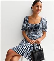 Women's Navy Gingham Floral Embroidered Milkmaid Mini Dress New Look