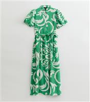 Women's Green Swirl Print Puff Sleeve Midi Shirt Dress New Look