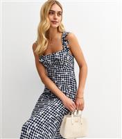 Women's Navy Gingham Check Floral Print Midi Dress New Look