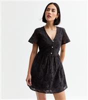 Women's Black Broderie Anglaise V Neck Mini Dress New Look