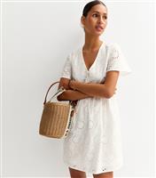 Women's White Broderie Anglaise V Neck Mini Dress New Look