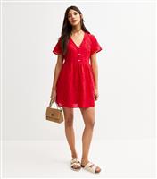 Women's Bright Red Broderie Anglaise Smock Mini Dress New Look