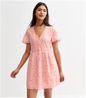 Women's Pink Broderie Anglaise Smock Mini Dress New Look