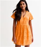 Women's Orange Broderie Anglaise V Neck Mini Dress New Look