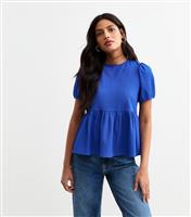 Women's Bright Blue Crinkled Jersey Tie Back Peplum Top New Look