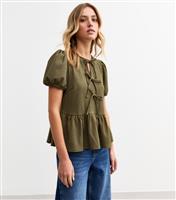 Women's Khaki Green Crinkle Texture Tie Front Smock Top New Look
