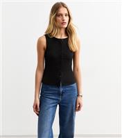 Women's Black Crinkle Crew Neck Button Through Waistcoat New Look