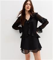 Women's Black Chiffon Ruffled Long Sleeve Mini Dress New Look