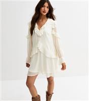Women's Cream Chiffon Ruffled Long Sleeve Mini Dress New Look