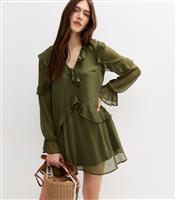 Women's Dark Khaki Green Chiffon Ruffled Long Sleeve Mini Dress New Look