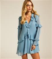 Women's Blue Chiffon Ruffled Long Sleeve Mini Dress New Look