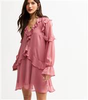 Women's Pink Chiffon Ruffled Long Sleeve Mini Dress New Look