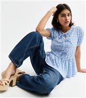 Women's Blue Gingham Tie Front Peplum Top New Look