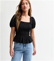 Women's Black Jersey Square Neck Shirred Body Puff Sleeve Top New Look
