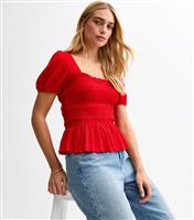 Women's Red Jersey Square Neck Shirred Body Puff Sleeve Top New Look