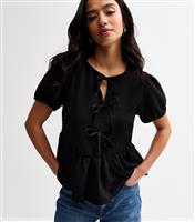 Women's Petite Black Crinkle Texture Tie Front Peplum Top New Look