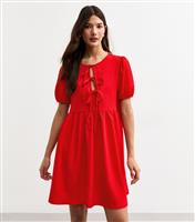 Women's Red Crinkled Texture Tie Front Mini Dress New Look