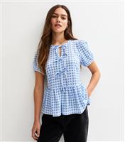 Women's Petite Blue Gingham Check Tie Front Top New Look