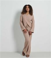 Women's by Zara McDermott Camel Waffle Knit Wide Leg Joggers Rise New Look