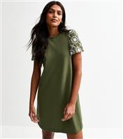 Women's Dark Khaki Broderie Sleeve Mini Swing Dress New Look