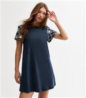 Women's Navy Broderie Sleeve Mini Swing Dress New Look