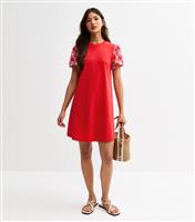 Women's Red Broderie Sleeve Mini Swing Dress New Look