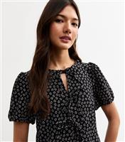Women's Black Daisy Print Tie Front Top New Look