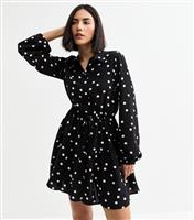 Women's Black Polka Dot Belted Mini Shirt Dress New Look