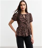 Women's Brown Leopard Print Tie Neck Top New Look